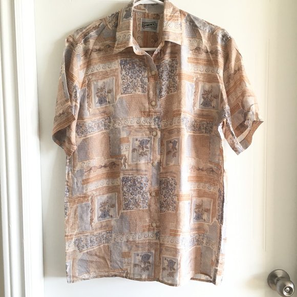 Vintage Floral Beige 100 % Silk Short Sleeve Shirt - Picture 2 of 8